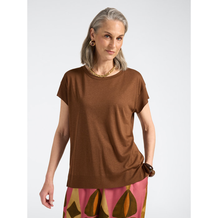 Elena Mirò - T-shirt con bordi a coste - Marrone