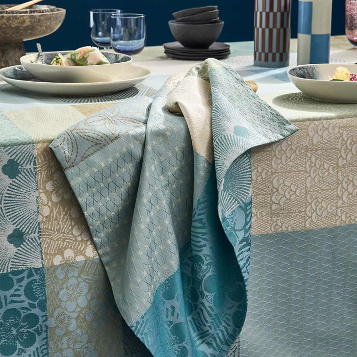 Serviette pur coton motif jacquard beige bleu Mille zen ecume
