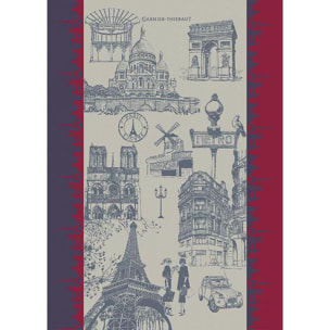 Torchon pur coton motif jacquard bleu rouge J'aime paris tricolore