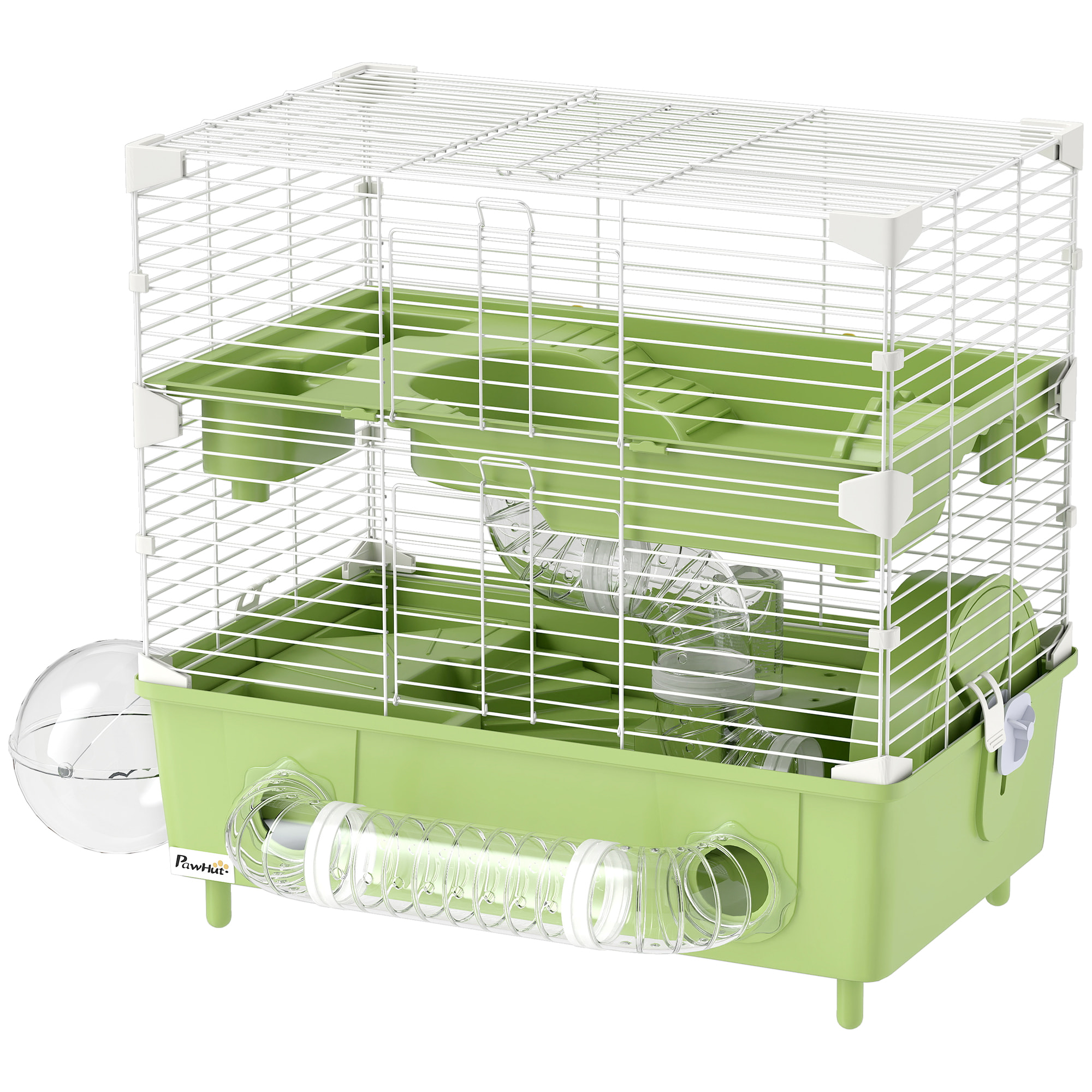 Cage pour hamster 2 niveaux roue sphère bac à sable tuyaux biberon eau dim. 44,5 x 28 x 44 cm blanc vert