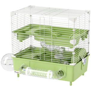 Cage pour hamster 2 niveaux roue sphère bac à sable tuyaux biberon eau dim. 44,5 x 28 x 44 cm blanc vert