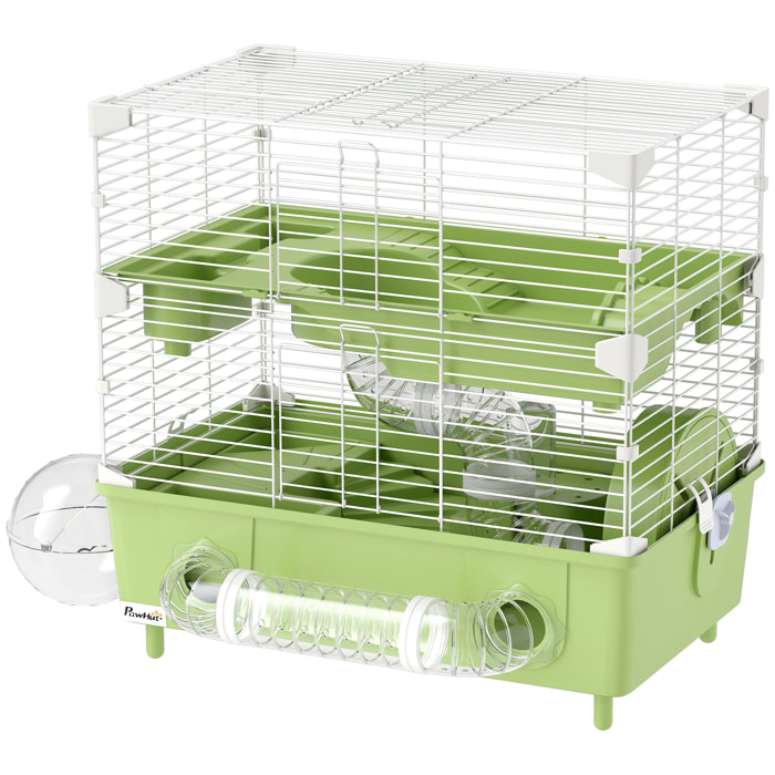 Cage pour hamster 2 niveaux roue sphère bac à sable tuyaux biberon eau dim. 44,5 x 28 x 44 cm blanc vert