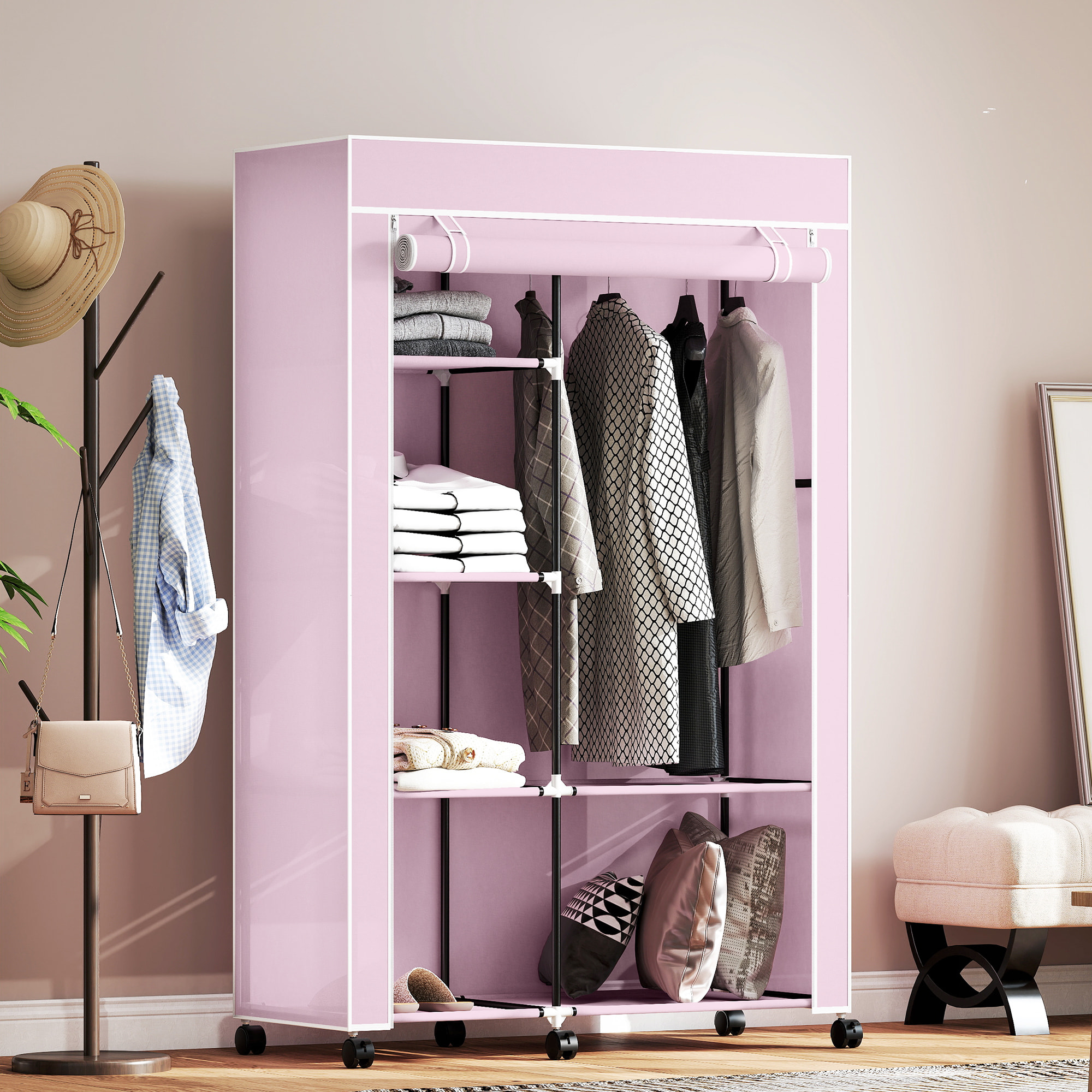 Armario de Tela con Ruedas, Armario Portátil, con Barra para Colgar, 6 Estantes, Marco de Acero, para Dormitorio, Vestidor, 103x43x162,5 cm, Rosa