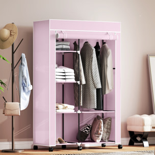 Armario de Tela con Ruedas, Armario Portátil, con Barra para Colgar, 6 Estantes, Marco de Acero, para Dormitorio, Vestidor, 103x43x162,5 cm, Rosa