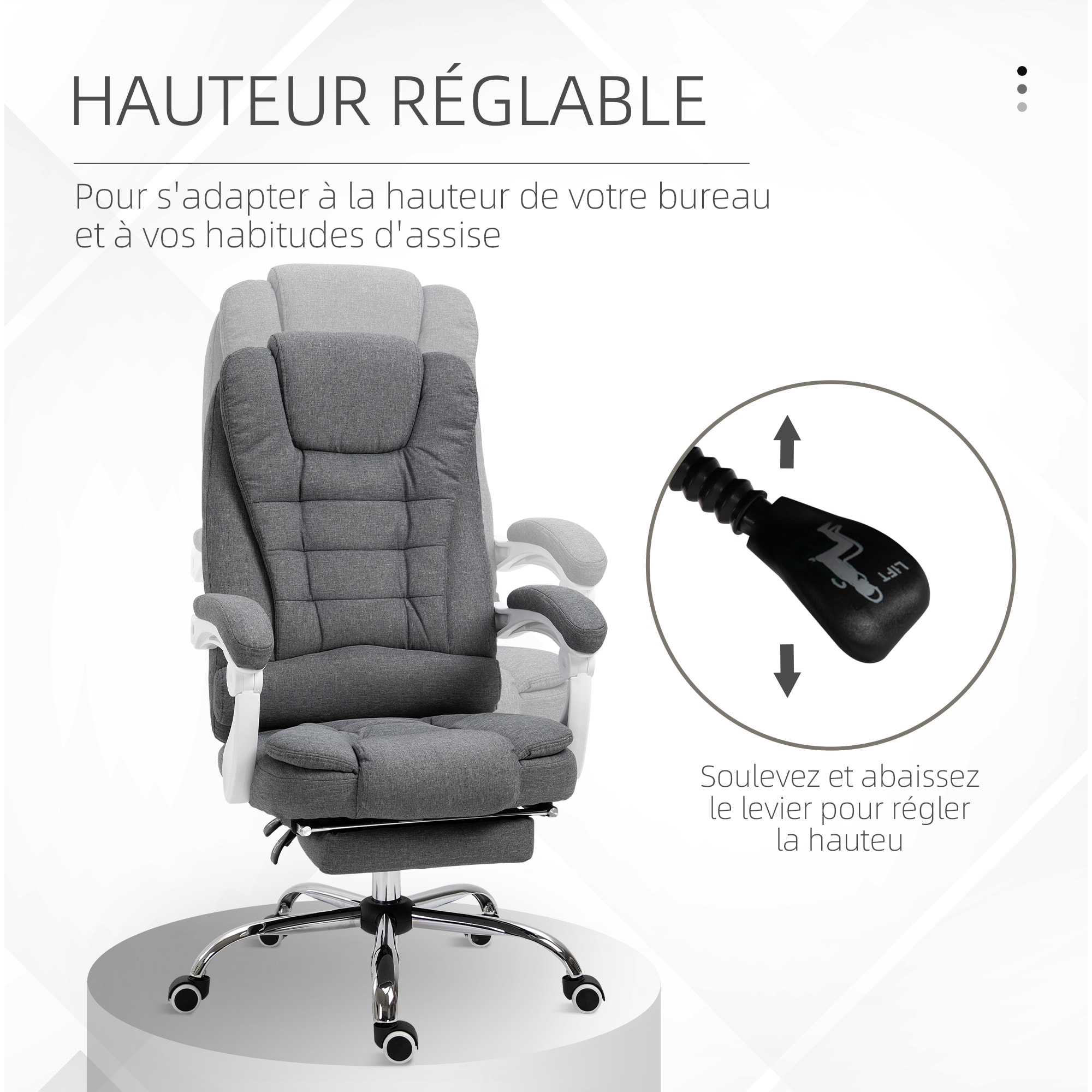 Fauteuil de bureau manager grand confort repose-pied dossier inclinable accoudoirs rembourrés tissu aspect lin gris