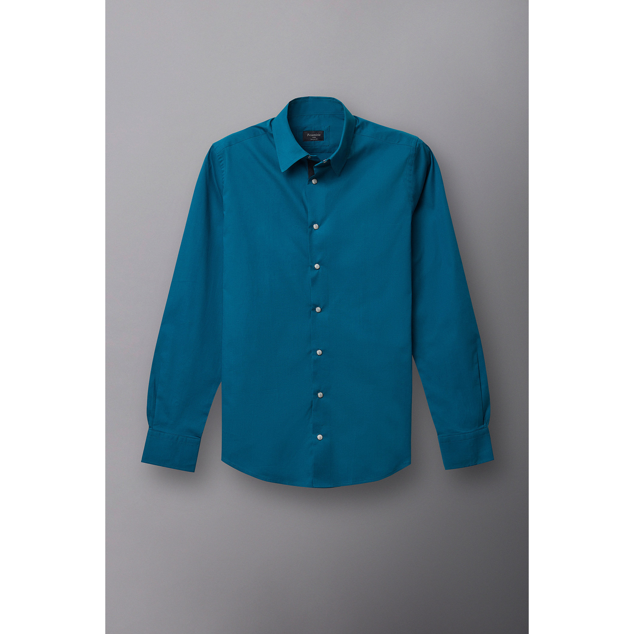 Camicia Uomo 1 Bottone Button Down Slim Popeline Stretch Unito Verde Ottanio