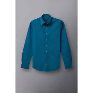 Camicia Uomo 1 Bottone Button Down Slim Popeline Stretch Unito Verde Ottanio