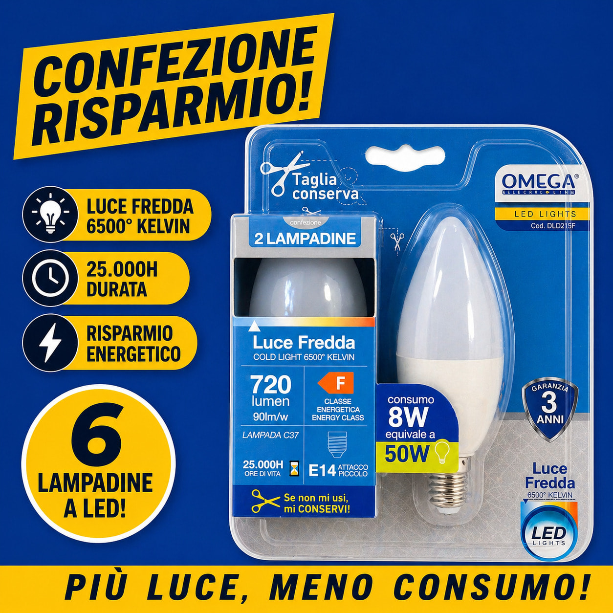 OMEGA Set 6 lampadine candela led 8W E14 6500K