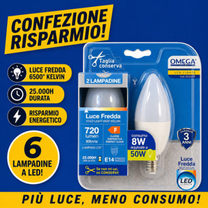 OMEGA Set 6 lampadine candela led 8W E14 6500K