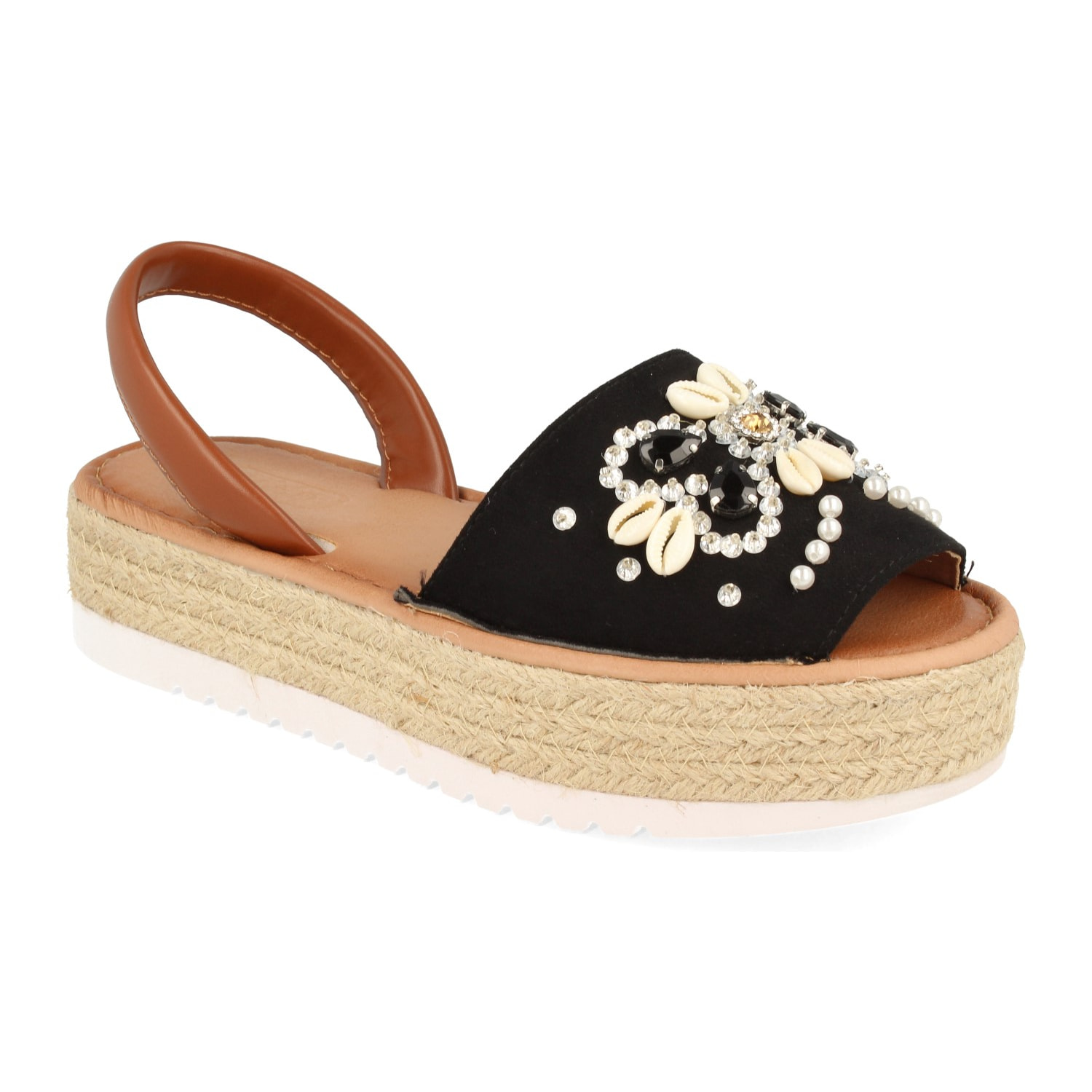Sandalia de Plataforma con Yute y Pala con Adornos de Conchas