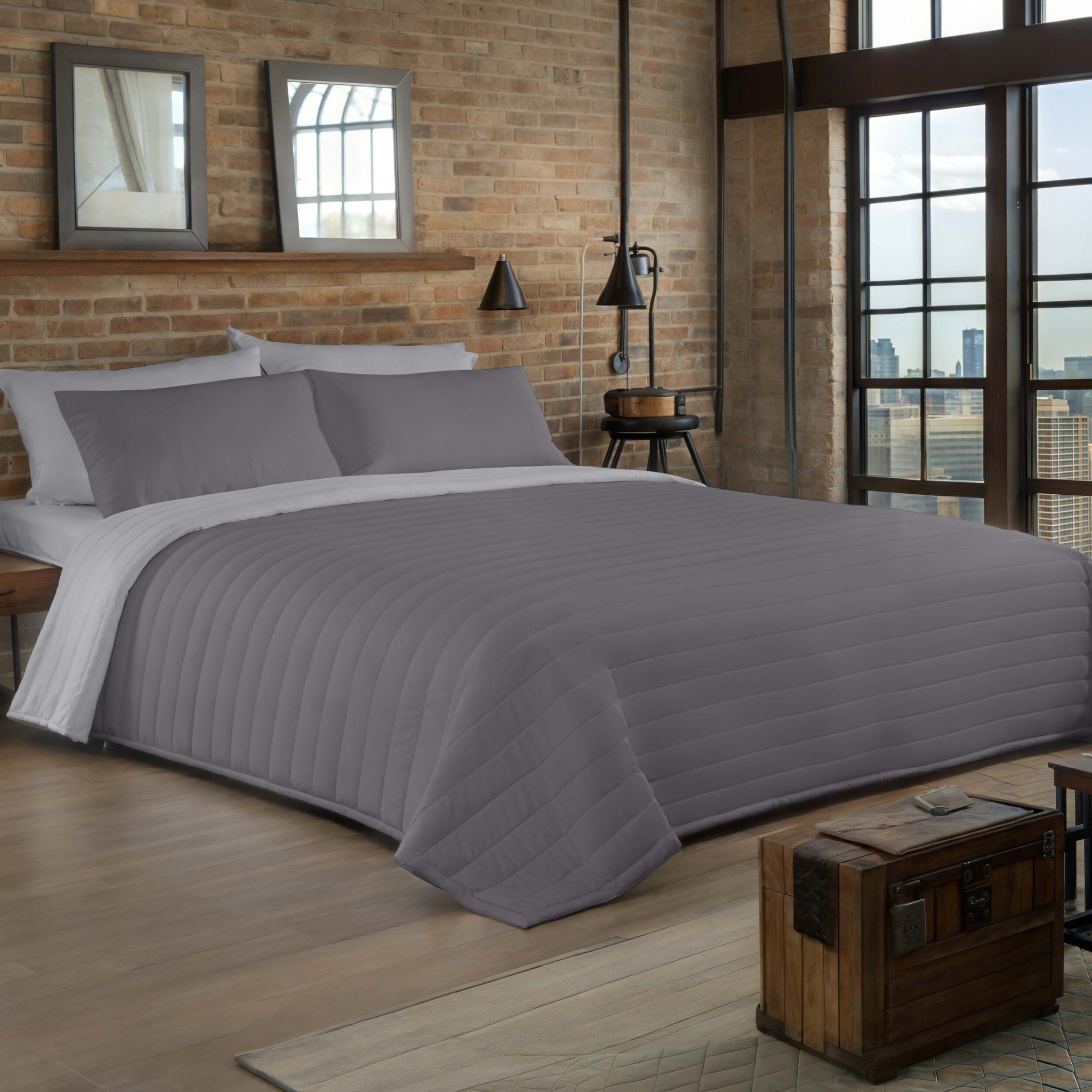 Icehome - Colcha Bouti - Lisa - Reversible - 100% Microfibra - 70 gr/m² - Gris/Gris Claro