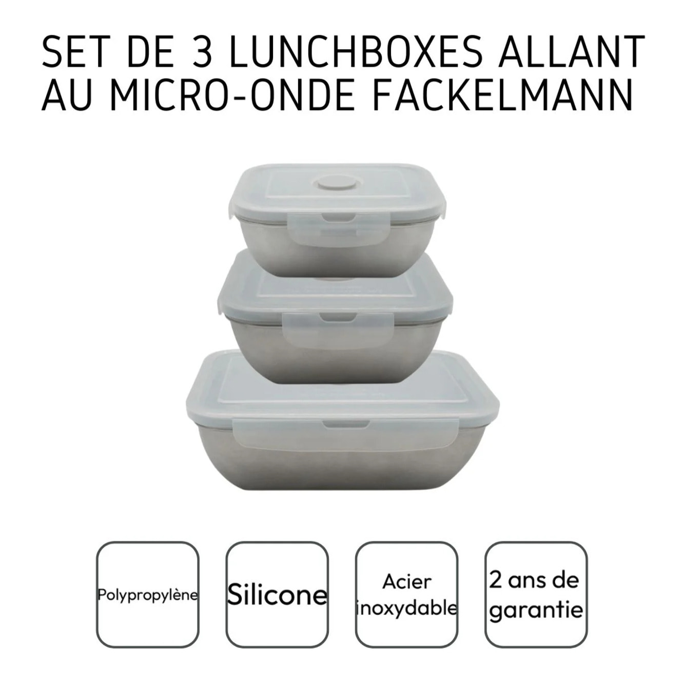 Set de 3 Lunch box inox 400 ml, 600 ml et 1000 ml compatible microonde avec couvercle Fackelmann