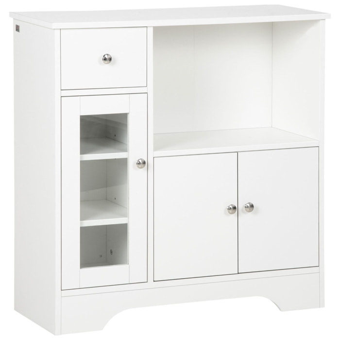 Buffet de cuisine meuble de rangement moderne avec porte en verre, tiroir, grande niche et étagères réglables, 80 x 30 x 82 cm, blanc