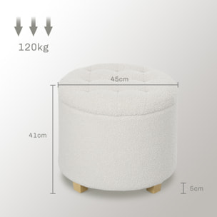 Puff Almacenaje, Baúl de Almacenaje Redondo 40,5L, 45x45x41 cm, Tapizado en Borreguillo, Taburete Reposapiés con Patas de Madera, Asiento Acolchado, para Salón, Dormitorio, Entrada, Blanco