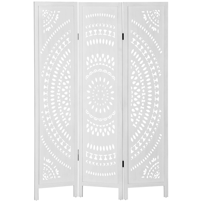 Biombo Plegable de 3 Paneles de Madera, 120x170 cm, Biombo Separador de Ambientes con Patrones Tallados Elegantes, Decoración para Dormitorio, Salón, Blanco