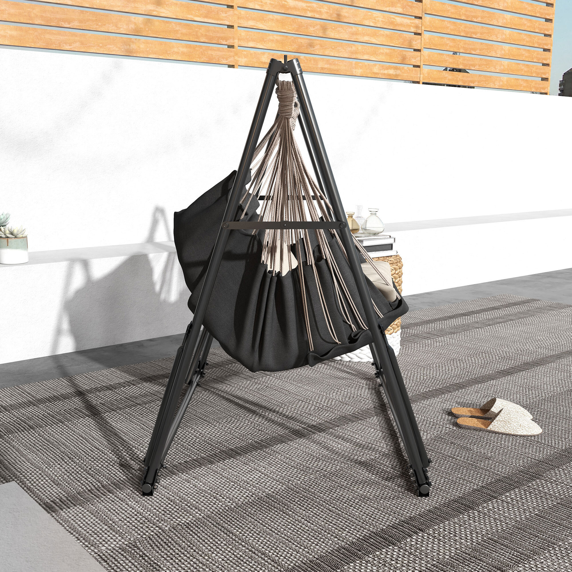 Soporte para Hamaca Plegable Portátil, 2 en 1, Soporte para Silla Colgante con Estructura de Metal y Bolsa de Transporte, Carga 120 kg, para Hamaca 2,5 m y Silla 1,5 m de Largo, Negro