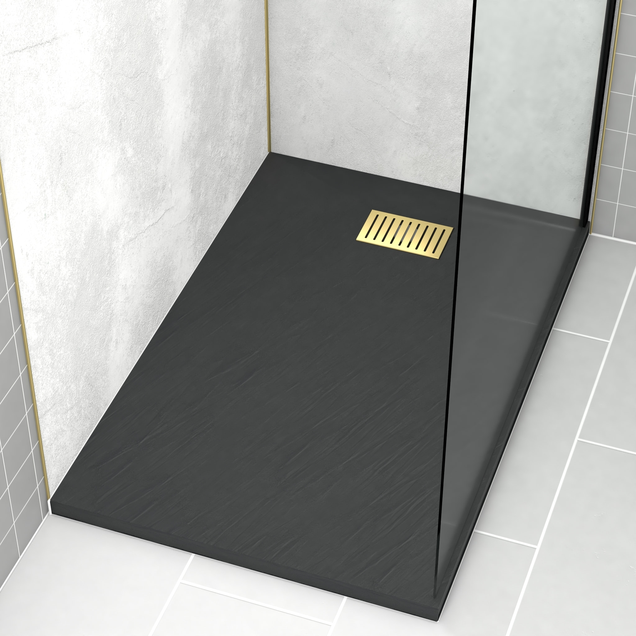 Receveur de douche Noir Effet Pierre 80x120 cm et Grille décor Linéaire Or Doré Brossé