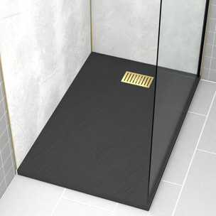 Receveur de douche Noir Effet Pierre 80x120 cm et Grille décor Linéaire Or Doré Brossé
