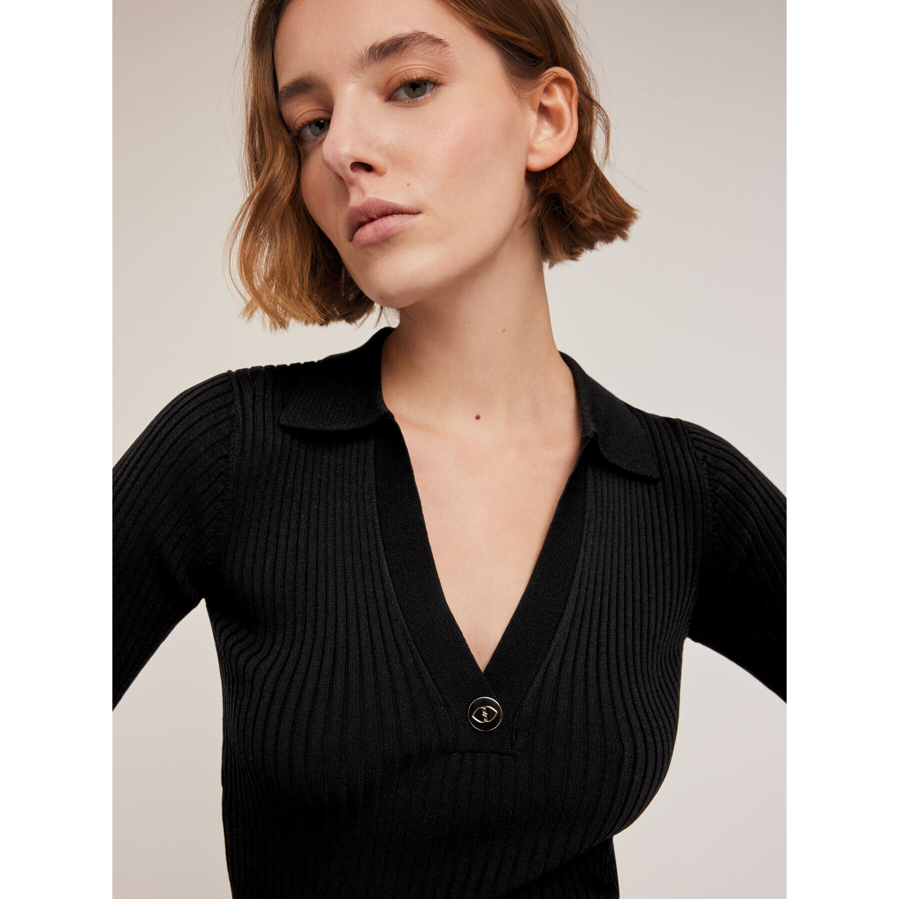 Motivi - Vestido con cuello en punto de canalé - Negro