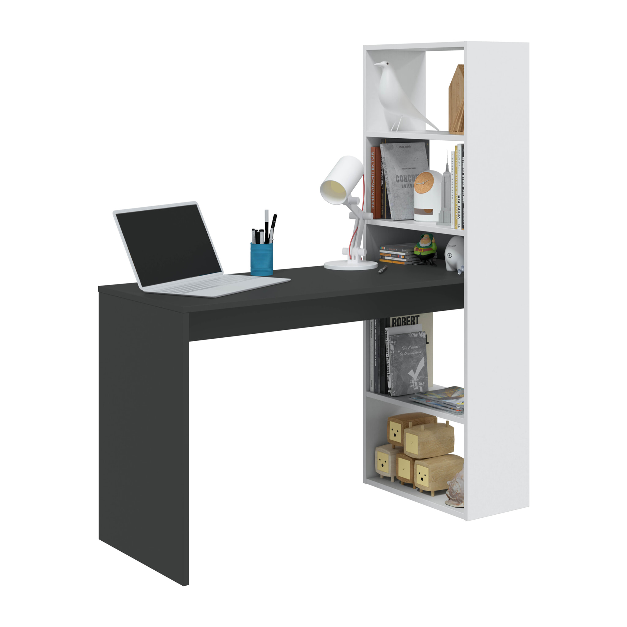 Scrivania Con Libreria Reversibile Kirkensen Scrittoio Scaffali Laterali Mobile Desk da Ufficio Soggiorno 120 x 144 x 53 cm Bianco e Grigio Antracite
