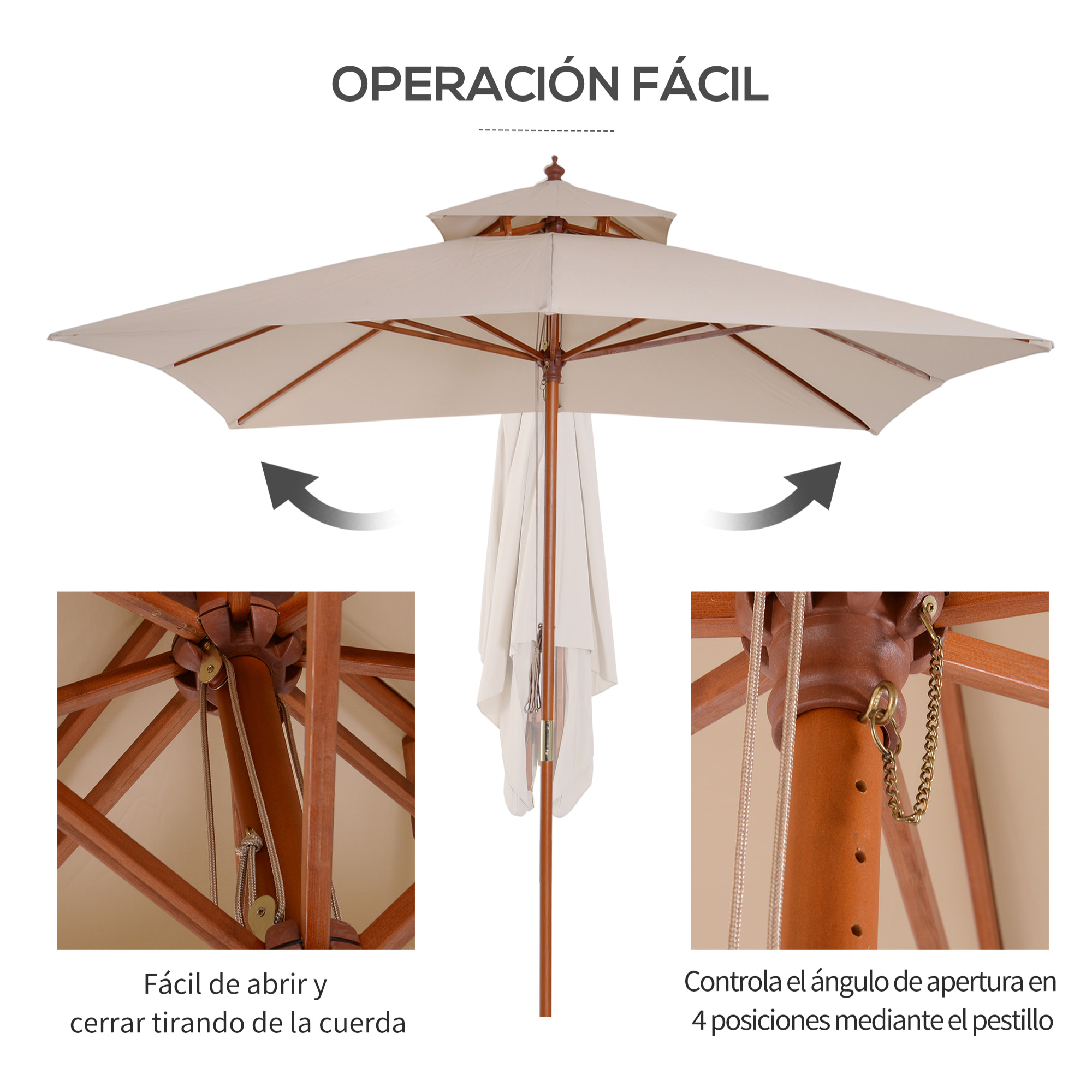 Sombrilla Doble Techo Mástil de 48mm de Bambú 3x3m Crema
