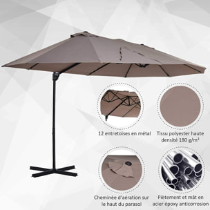 Parasol déporté grande taille XXL inclinable dim. 4,4L x 2,7l x 2,5H m piètement en acier inclus polyester marron