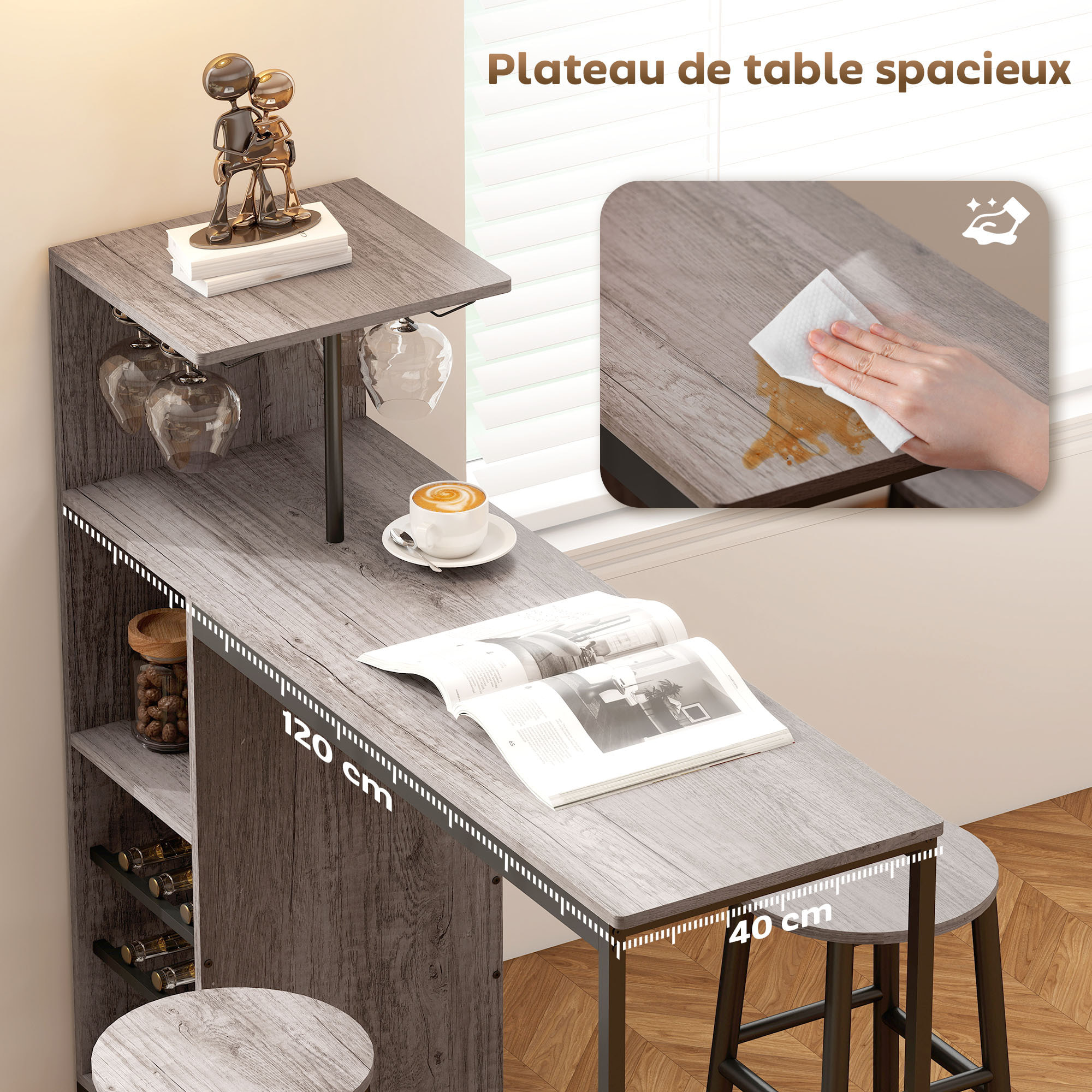 Ensemble table de bar avec tabourets, table à manger debout avec 2 chaises de bar rond avec repose-pieds, avec étagères de rangement, casiers à vin, porte-verres, effet bois naturel