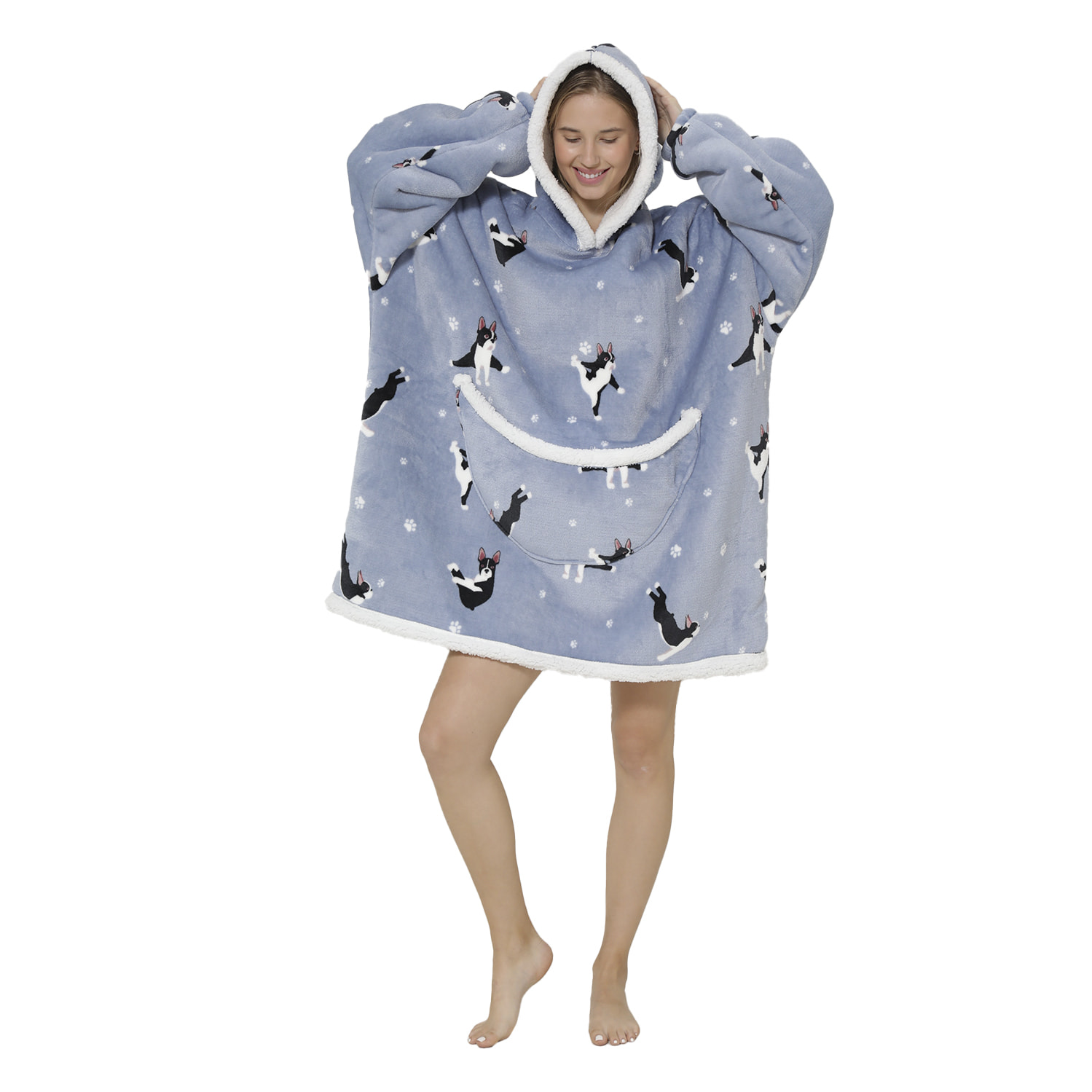 Bata estilo sudadera y manta de felpa extrasuave. Bolsillo frontal tipo canguro. Diseño Bulldogs