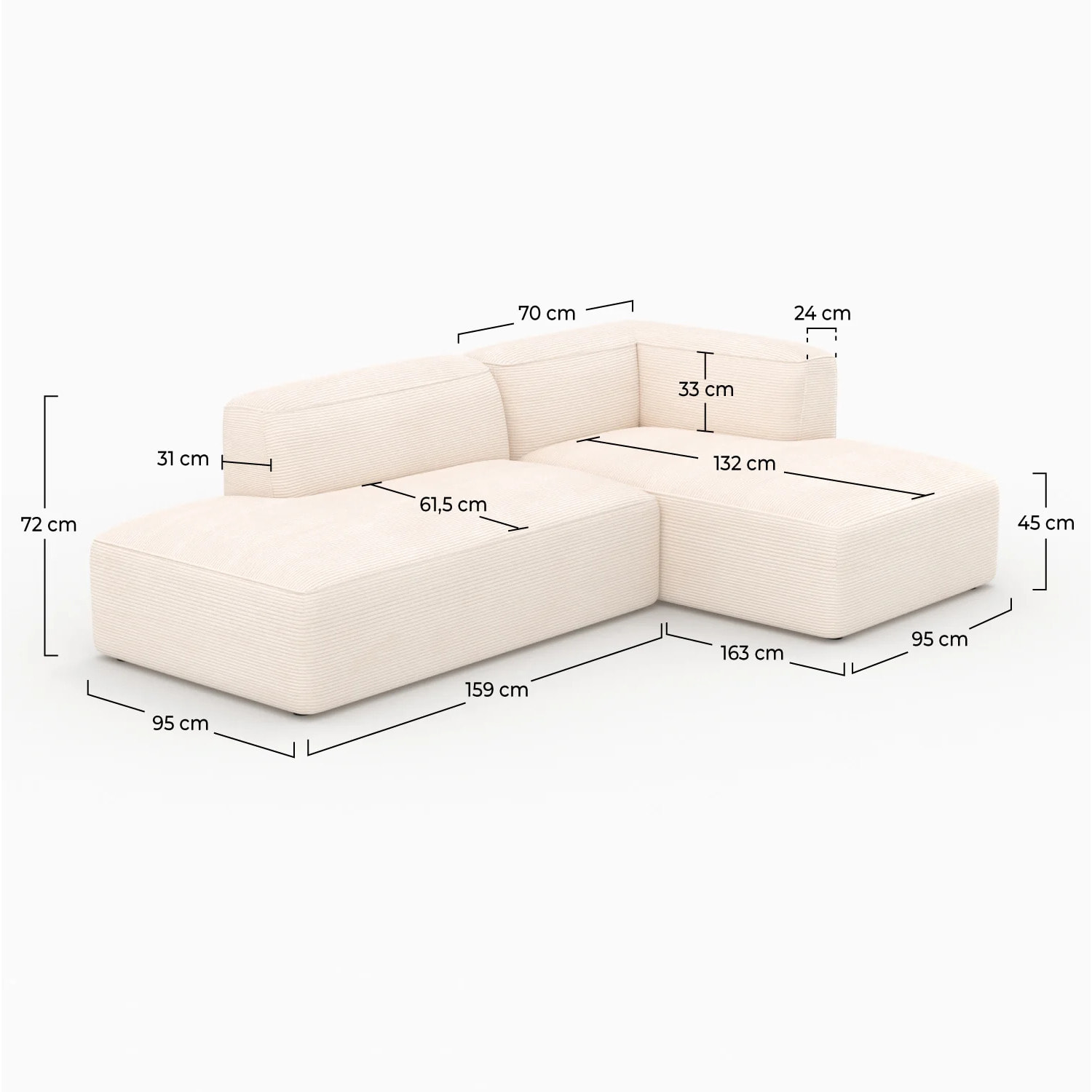 Canapé d'angle droit modulable en velours côtelé 4 places - Mina