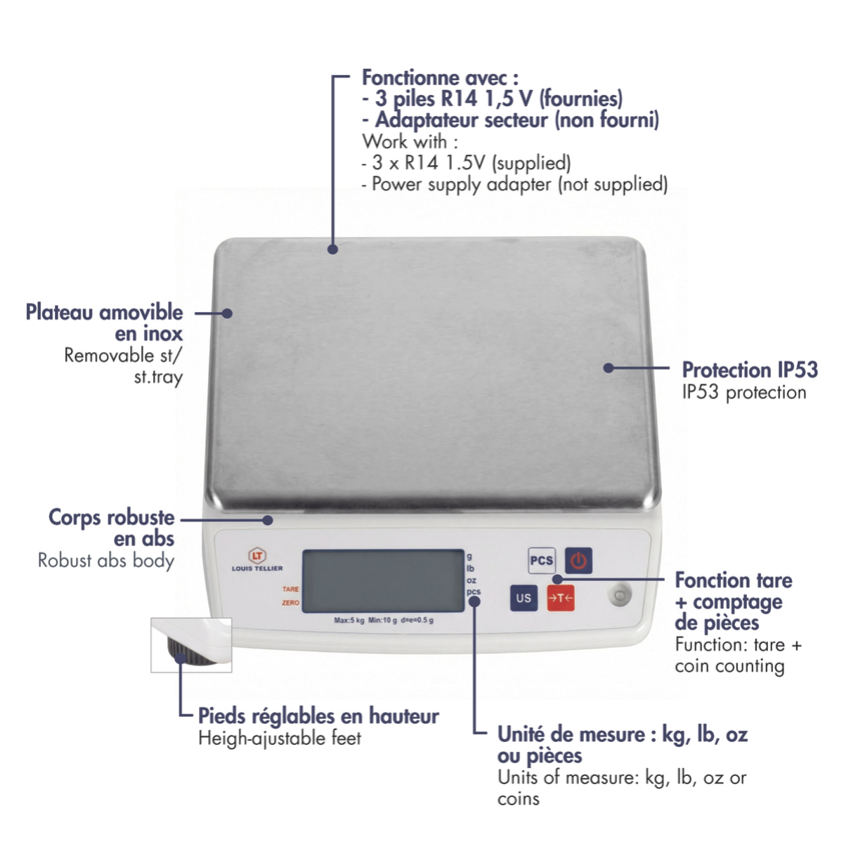 Balance électronique professionnelle - 5kg - IP53 - précision 0,5g - plateau amovible 22 x 16,5 cm