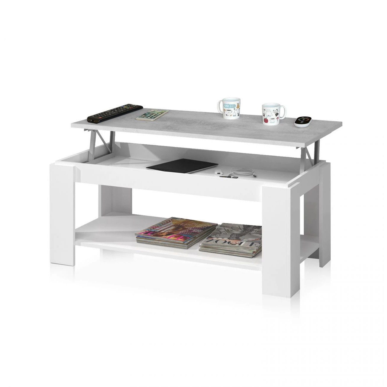 Mesa de centro elevable Ambit Blanco Artik (Blanco Mate) - Gris Cemento