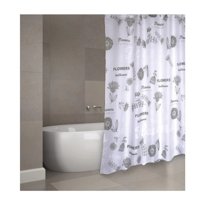 Rideau de douche Polyester FLOWERS 180x200cm QUALITE PREMIUM Gris & Blanc - Anneaux inclus MSV