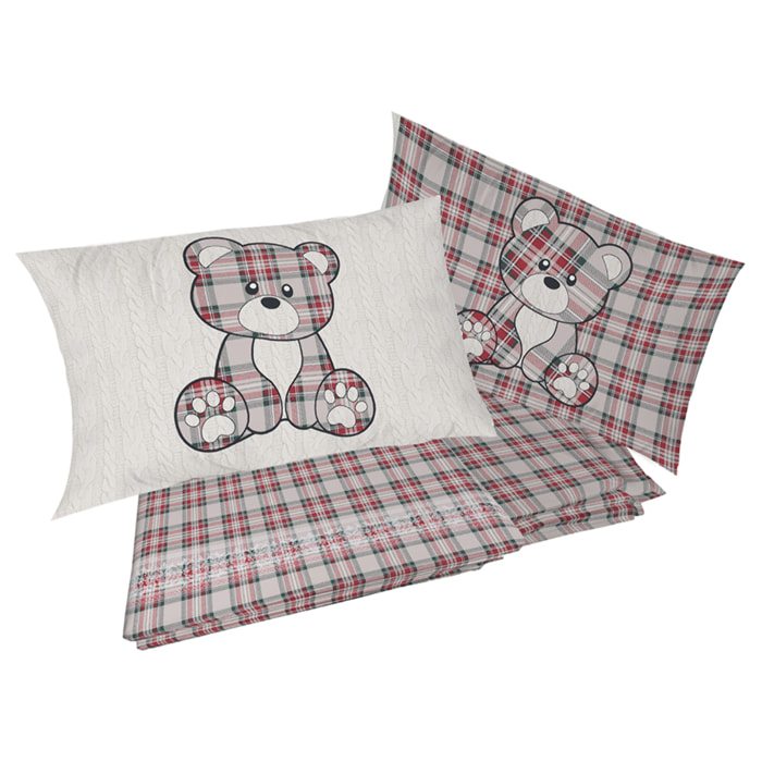 Completo letto in flanella tartan orsetto rosso