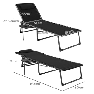 Tumbona Plegable, Tumbona Jardín Exterior con Respaldo Ajustable, Reposacabezas, Bolsillo Lateral, Bandeja y Estructura de Acero, Carga 120 kg para Terraza Piscina Playa, 190x60x31 cm, Negro