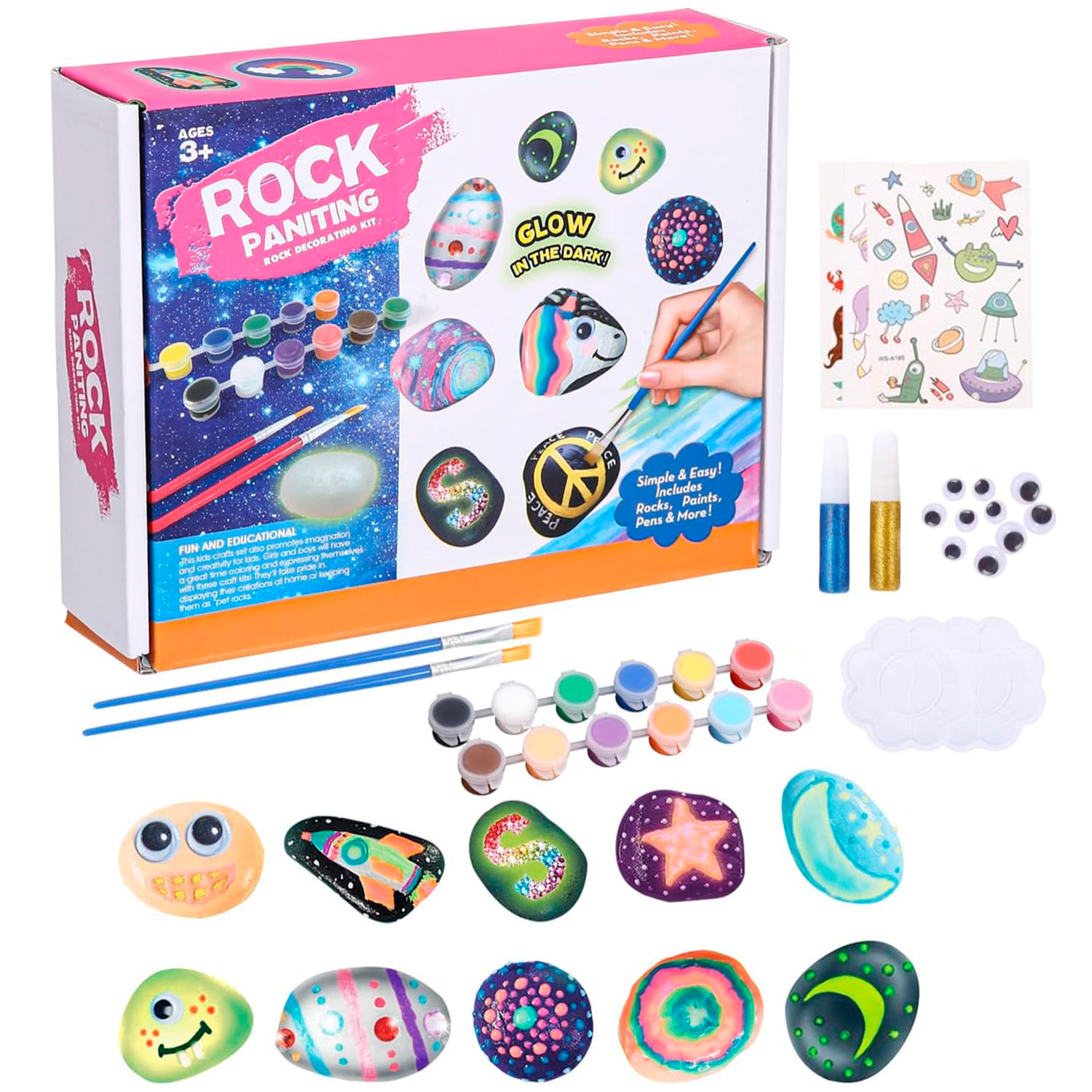 Kit creativo de pintura para piedras, con efecto de brillo en la oscuridad. Incluye pinceles, 12 pinturas, pegatinas, ojos saltones y polvos decorativos.