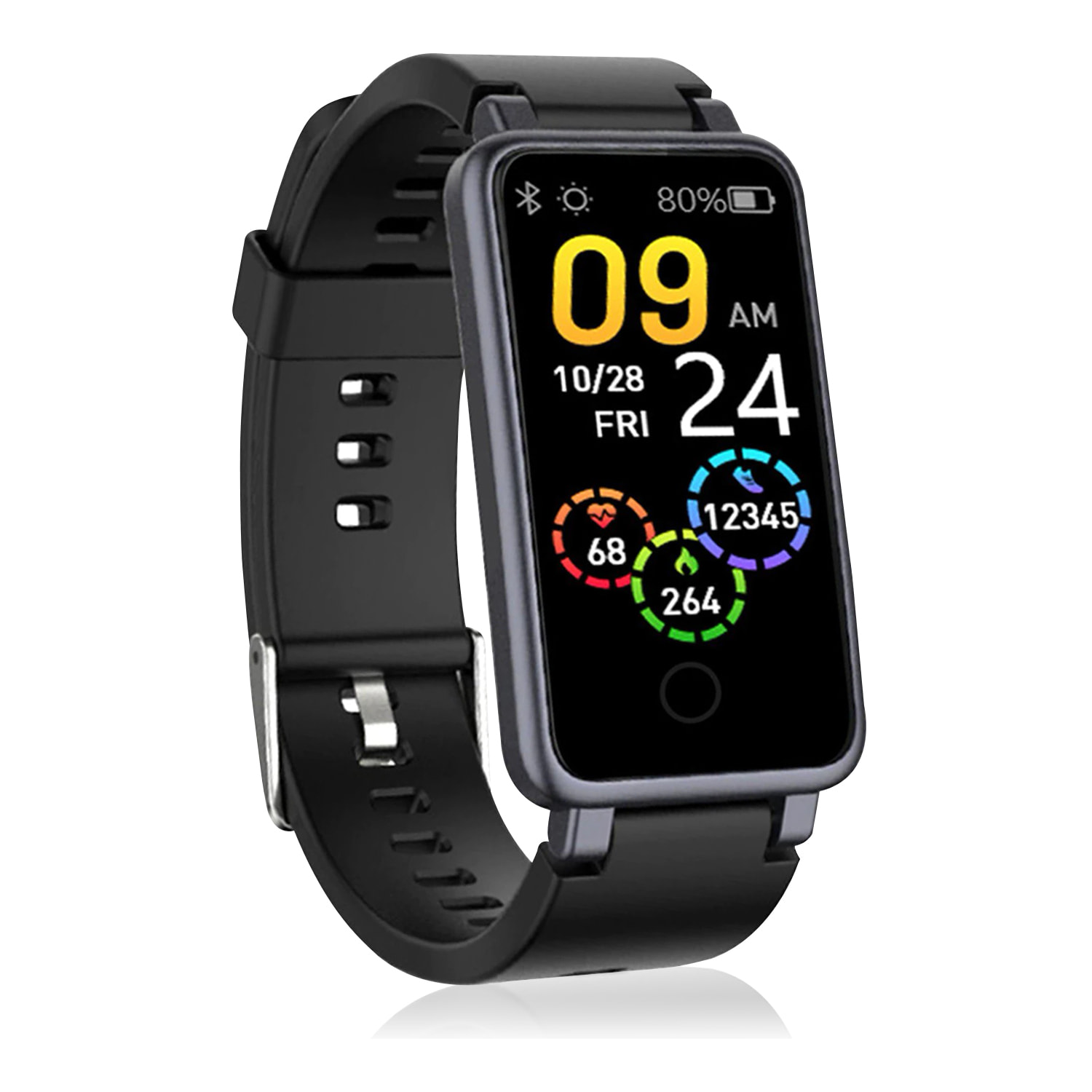 Brazalete inteligente C2 Plus con monitor cardiaco, presión sanguínea y notificaciones.