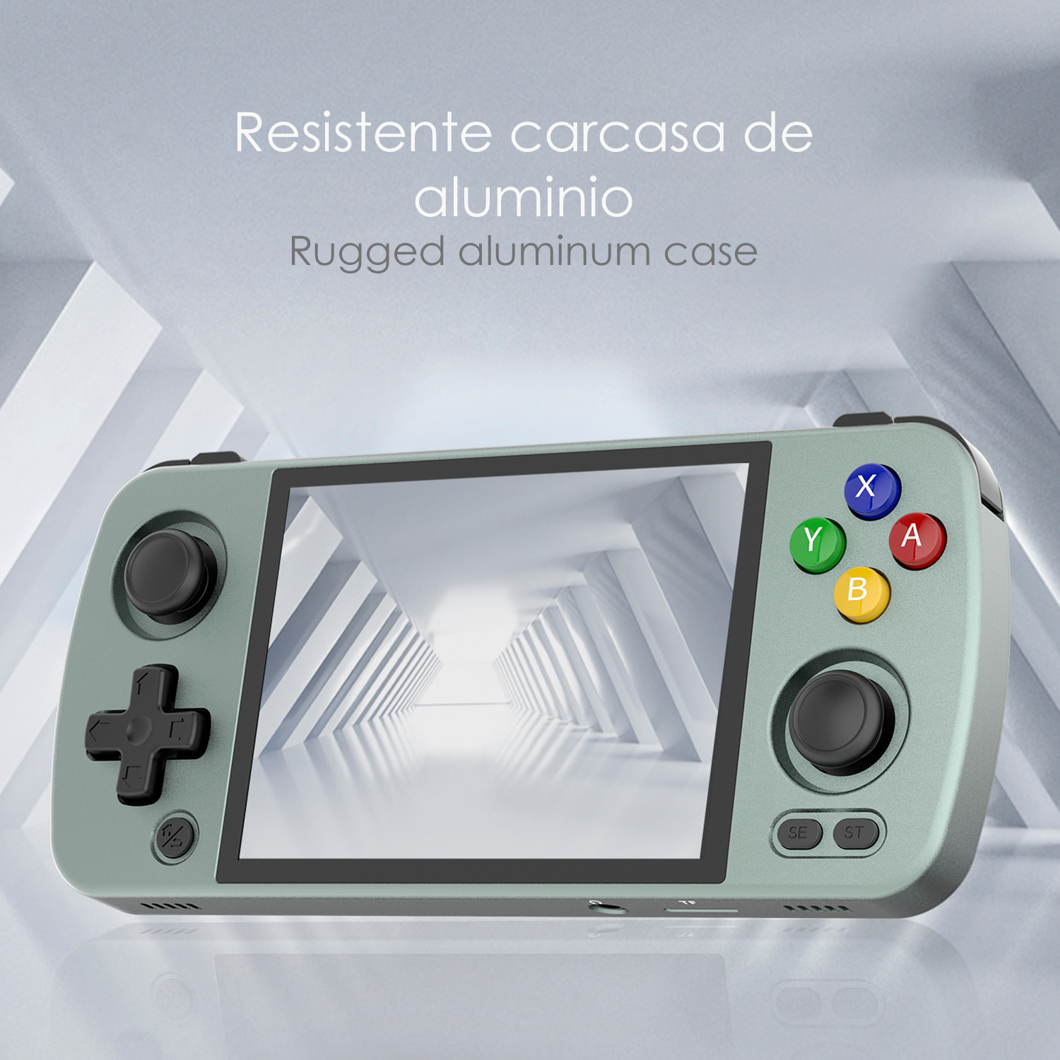 DAM Consola emulador multiplataforma RG405M. Pantalla táctil 4" IPS; Android 12, Octa-Core 2,0GHz, WiFi, 128GB. +3000 juegos. 16,3x7,6x1,6 Cm. Color: Verde Claro