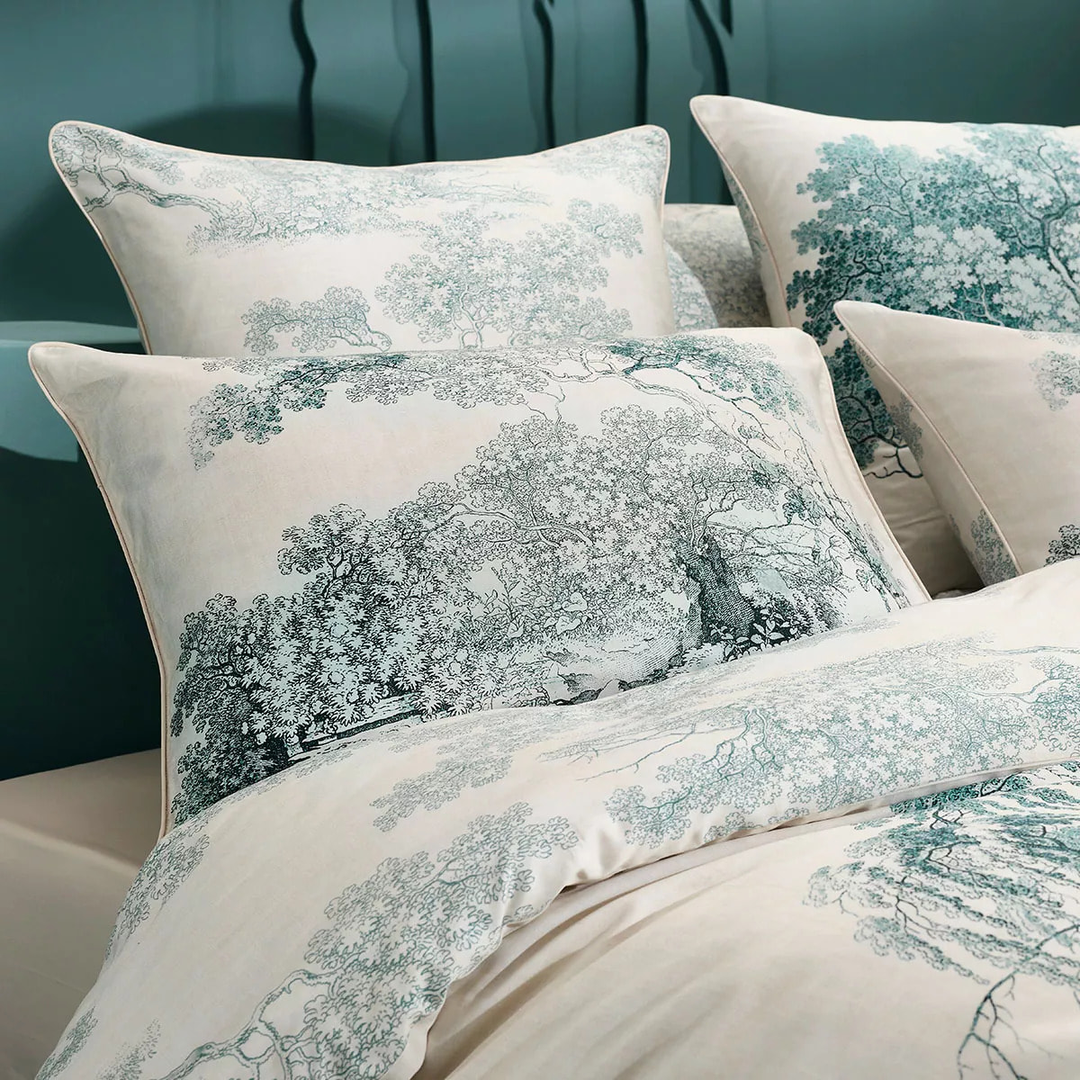 Taie d'oreiller satin de coton 115 g/m² imprimé bleu beige Utopie encre