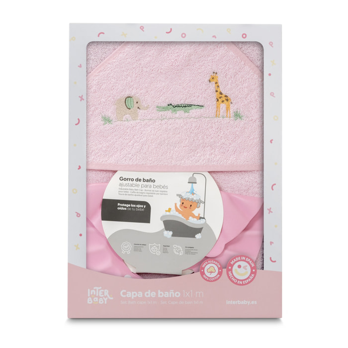 Capa Baño 1X1 Mod Savanna Bordado+ Gorro Rosa
