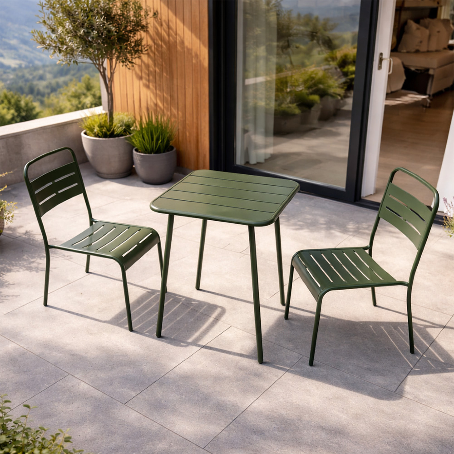 Ensemble table de jardin carrée 50cm et 2 chaises vert EVORA