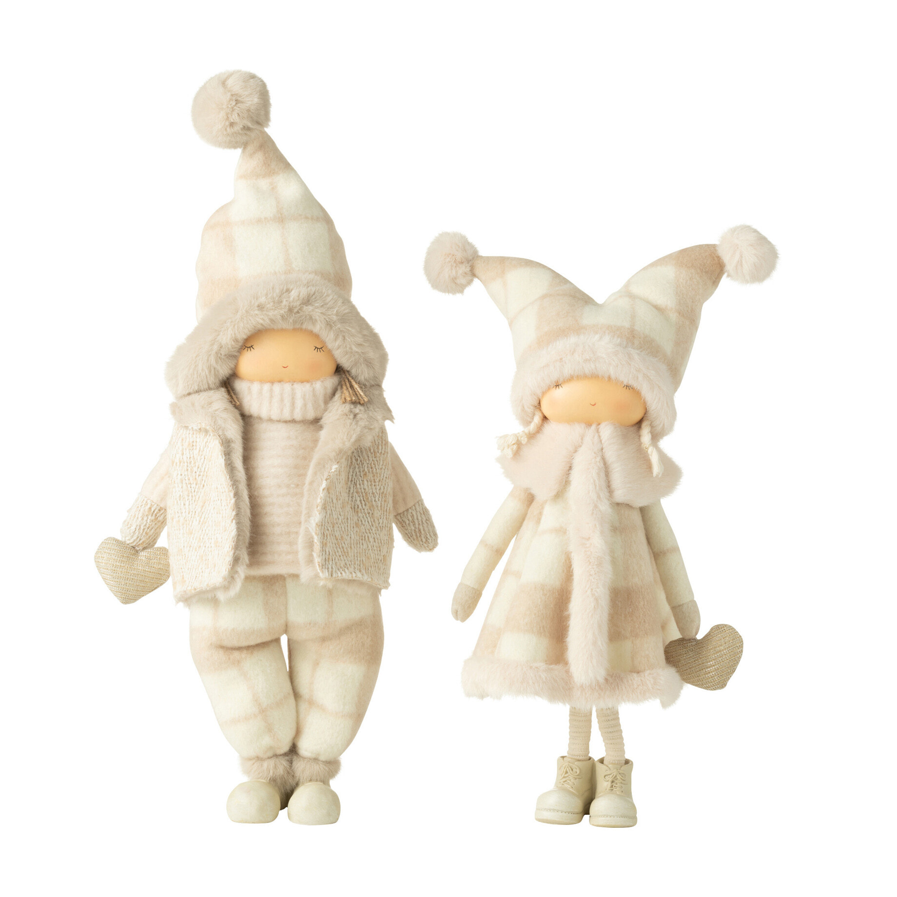 J-Line décoration Garçon + Fille Hiver Coeur - polyrésine - beige - large - 2 pcs