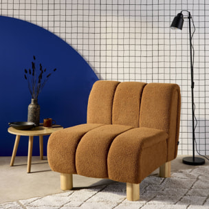 Fauteuil relax pieds arrondis en bois et tissu bouclette camel