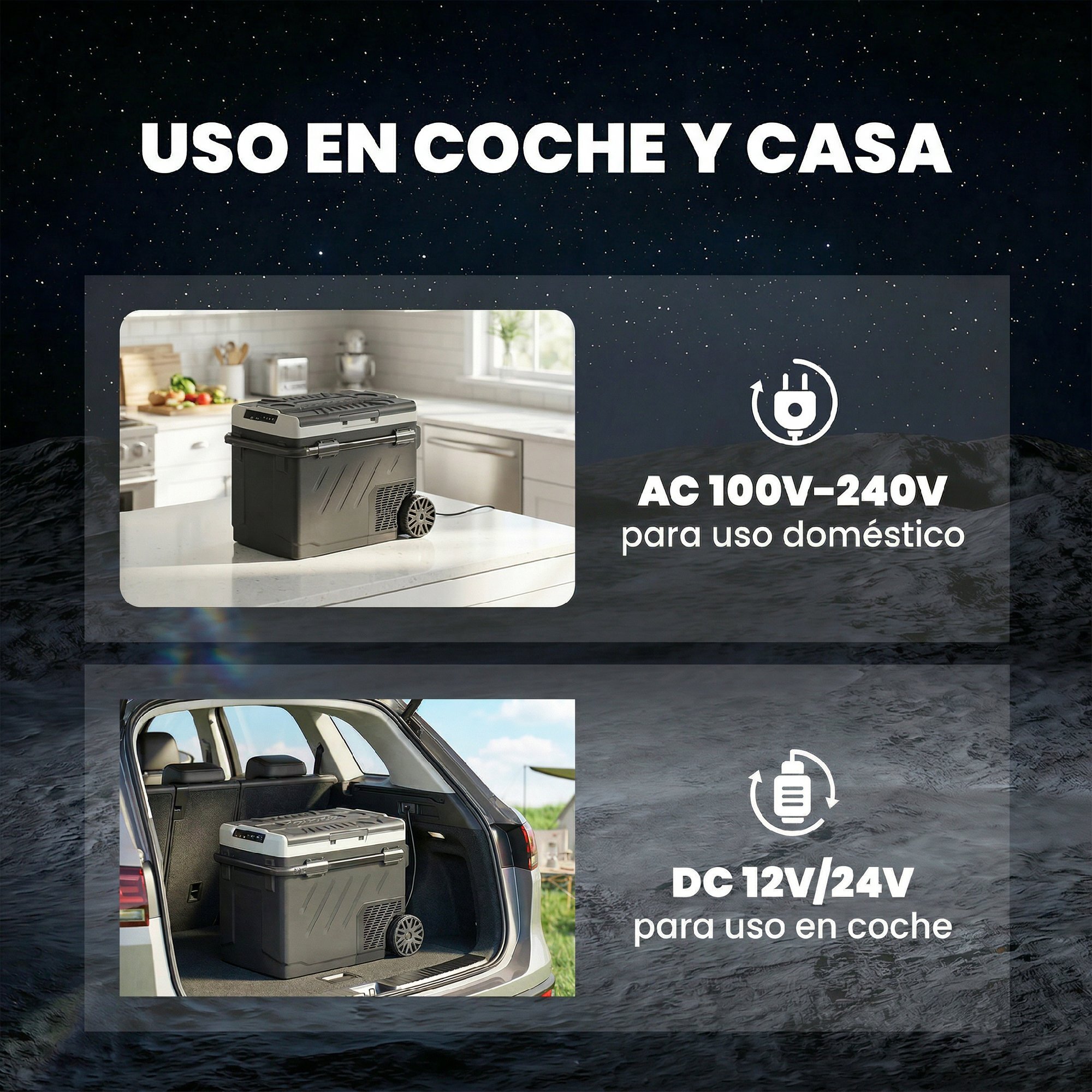 Nevera Portátil Eléctrica 49L 12/24/240V Refrigerador de Coche con Compresor Doble Zona Control por App Luz LED Pantalla Modos ECO y MAX de -20℃ a +20 ℃ Asa Telescópica Ruedas y Puerto USB