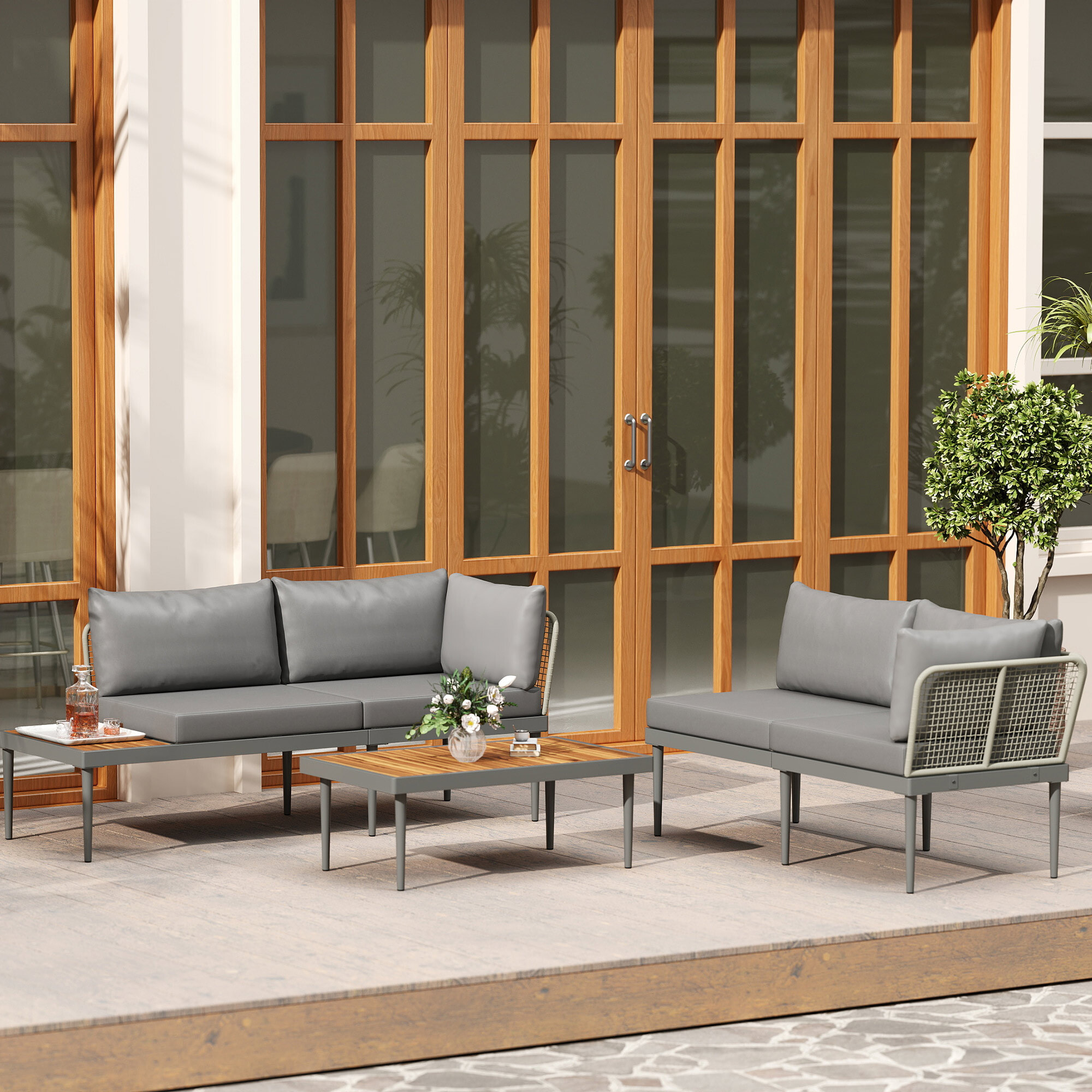 Salon de jardin design modulable 4 places 3 pièces acier coussins gris étagère plateau bois acacia