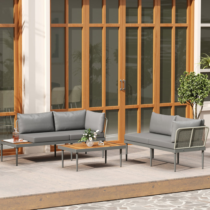 Salon de jardin design modulable 4 places 3 pièces acier coussins gris étagère plateau bois acacia