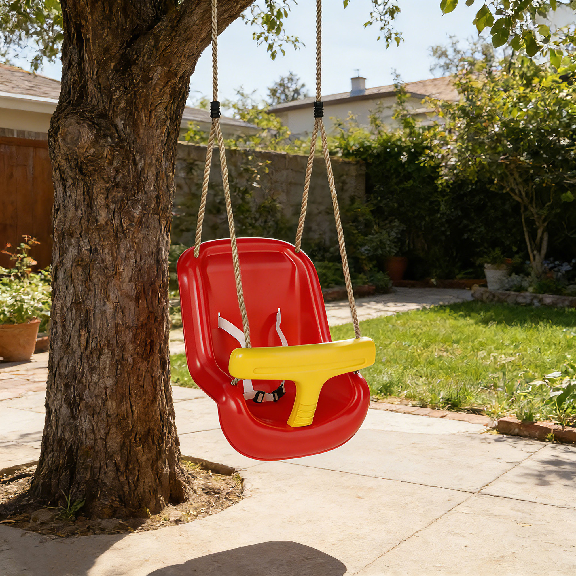 Balançoire bébé dossier haut sécurité hauteur ajustable rouge jaune