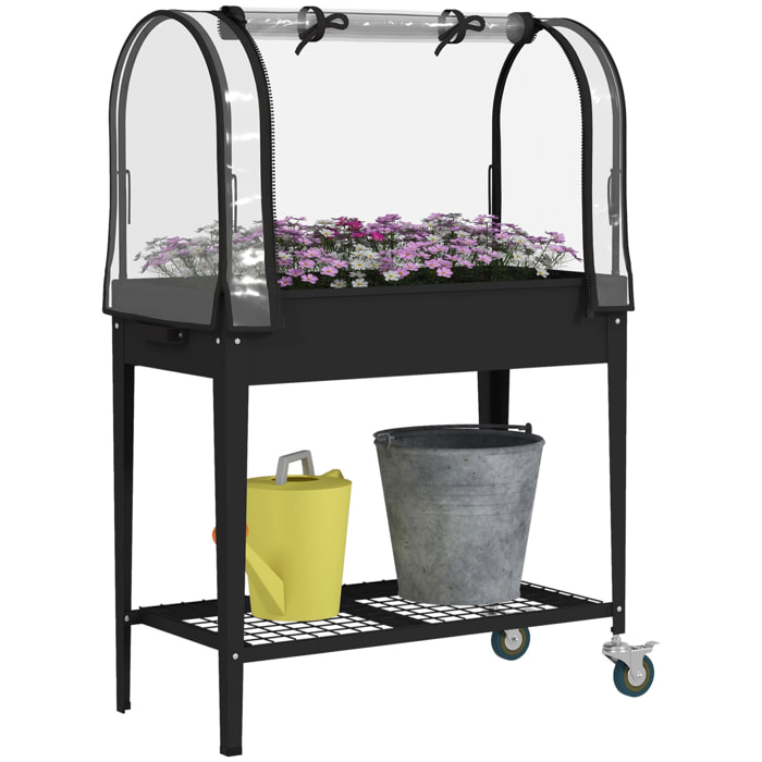 Jardinière surélevée potager avec bâche transparente, mini serre de jardin, 2 roulettes et 1 étagère inférieure pour légumes, fleurs, potager, dim. 80L x 40l x 120H cm