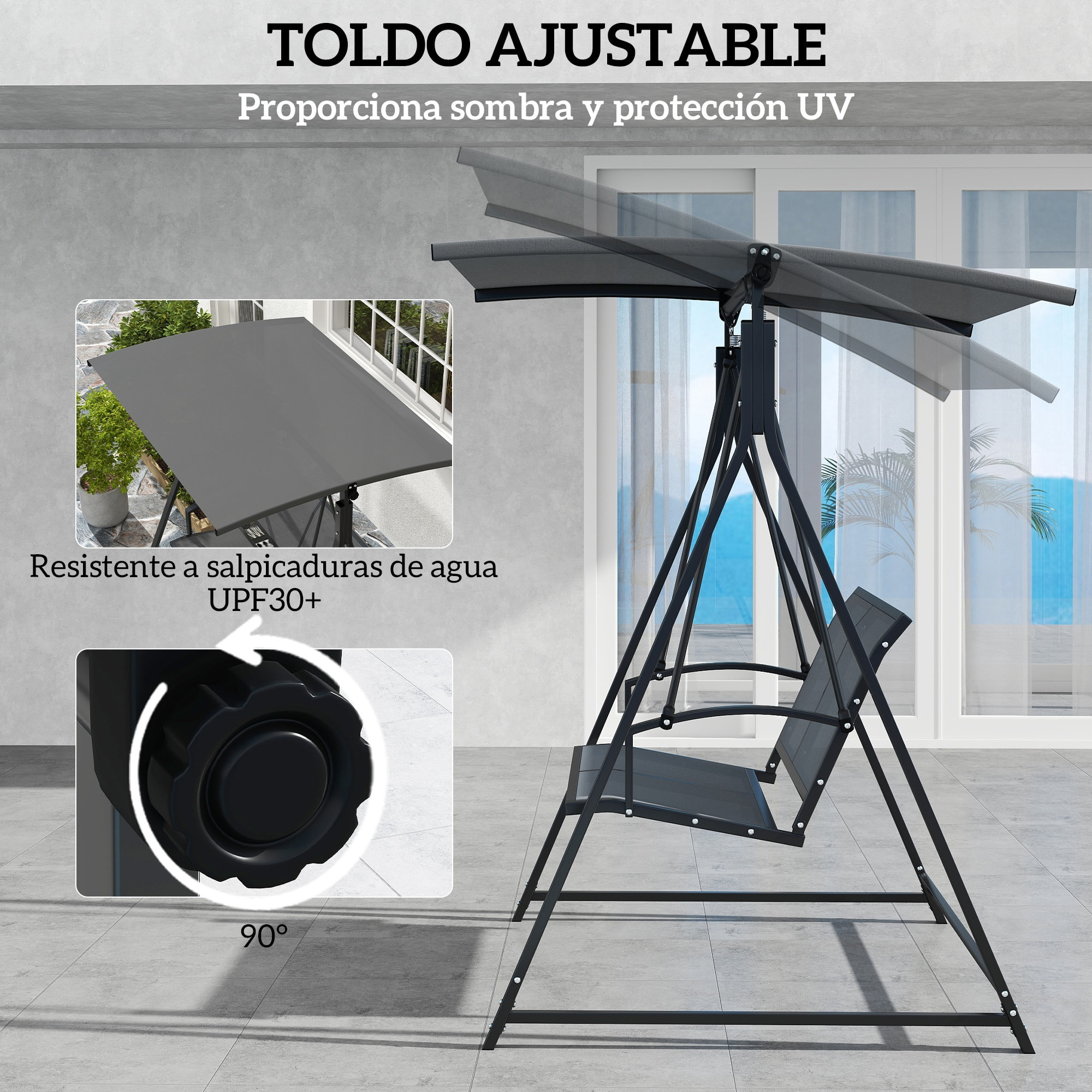 Columpio de Jardín Exterior de 2 Plazas Balancín de Jardín Exterior con Toldo Ajustable 90° Protección UV 30+ y Estructura Triangular de Metal Carga 220 kg 160x112x162 cm Gris Oscuro