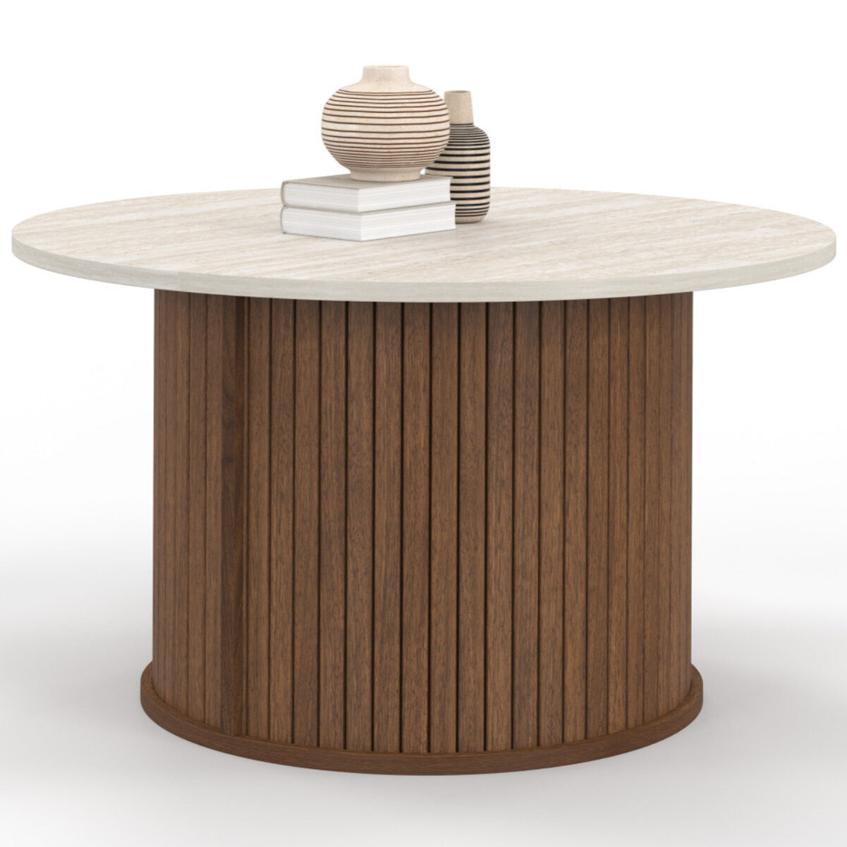 Table basse ronde Albane effet noyer et travertin Ø70cm