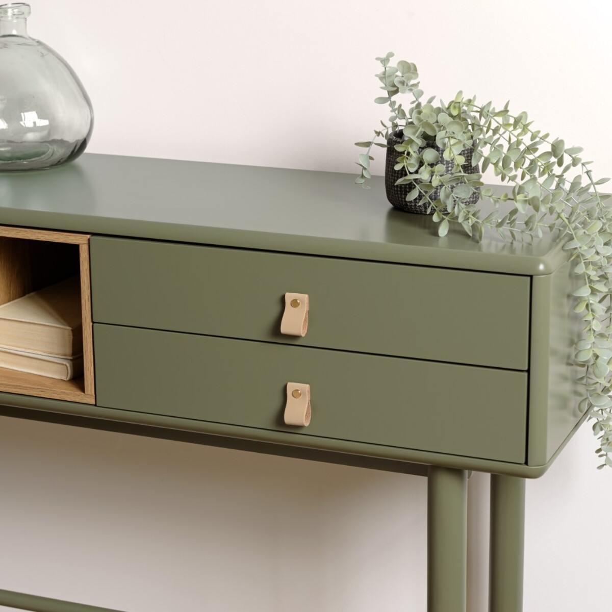 ETHAN - Console verte 3 tiroirs et 1 niche en bois naturel